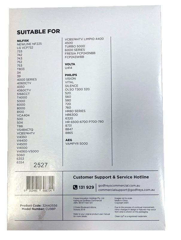 Clean Up CU98P Vacuum Cleaner Dust Bags to suit various Philips, LG, AEG, Nilfisk and Volta Models - 5 pk (32440556)