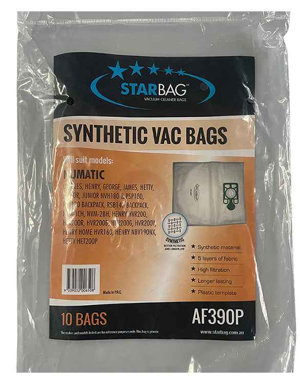 Numatic Henry, Hetty, James, George and Charles Synthetic Vacuum Cleaner Bags with Plastic Template - 10pk (AF390P)