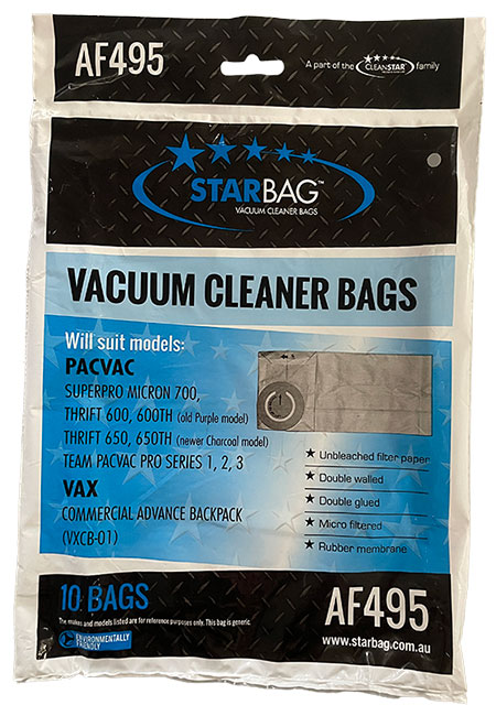Pacvac Superpro Micron 700, Thrift 600, 650, Team Pacvac Pro Series 1, 2, 3 Vacuum Bags - 10pk (AF495)