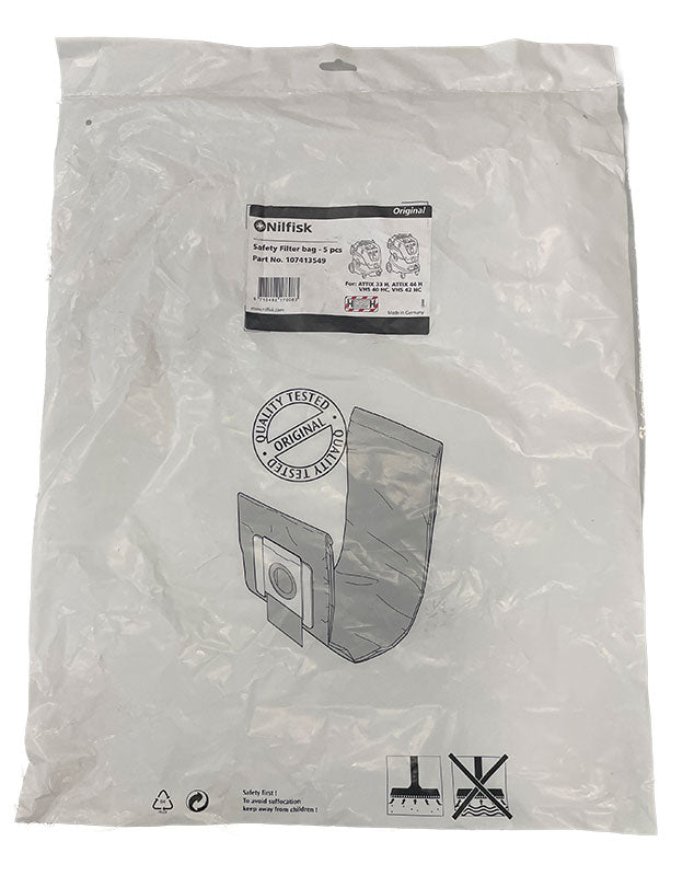 Nilfisk ATTIX 33H, ATTIX 44H and VHS 40HC, VHS 42HC Safety Filter Bags for Hazardous Materials - 5pk (107413549)