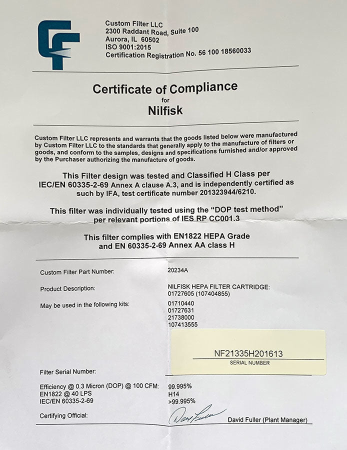 Nilfisk VHS 40 Vacuum H14 HEPA Filter Element (107413555)