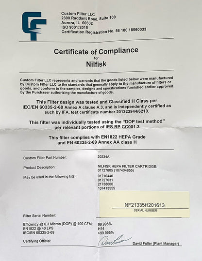 Nilfisk VHS 40 Vacuum H14 HEPA Filter Element (107413555)