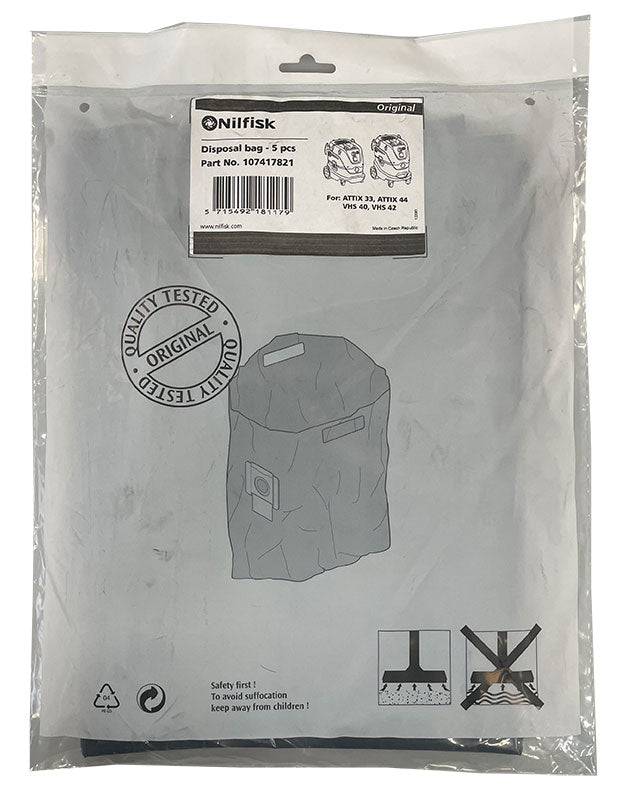 Nilfisk VHS40, VHS42, Attix 33, Attix 44 Disposable Vacuum Bags - 5 pk (107417821)