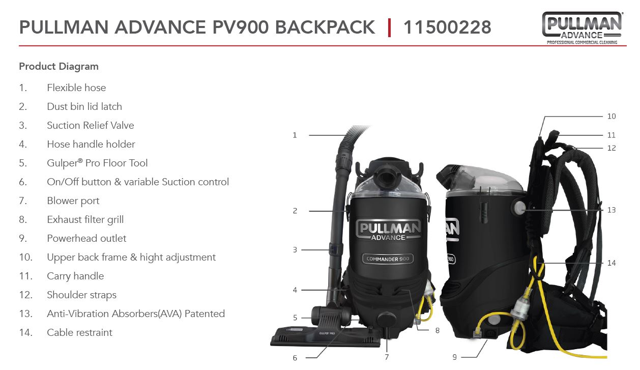 Pullman Advance Commander 900 Backpack Vacuum Cleaner - 32mm version (11500228)