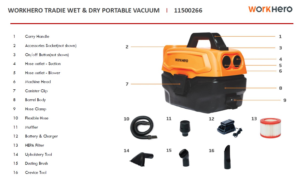 Work Hero WD600 Tradie Wet & Dry Portable Vacuum (11500266)