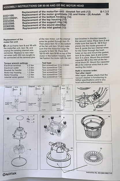 Original Nilfisk GM80, GS90 Head Unit Complete Motor Replacement Solution 800 Watt (12108153)