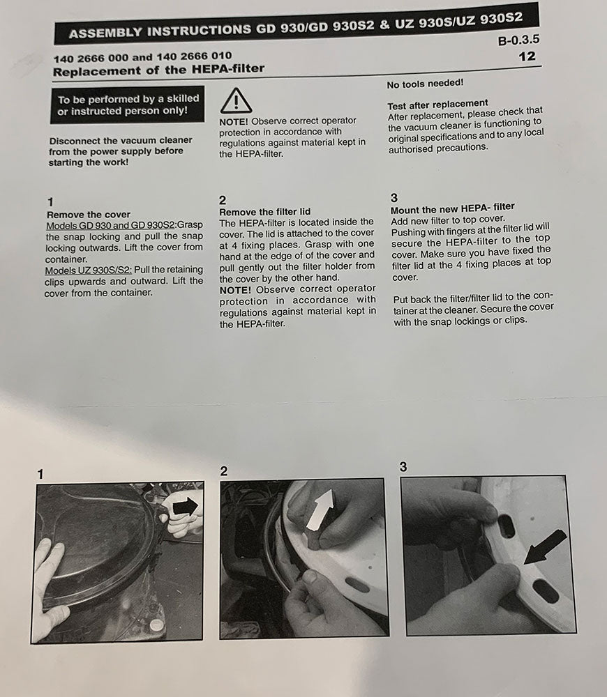 Electrolux UZ930, UZ930S2 Panther and Nilfisk GD930, GD930S2 HEPA Filter (1402666010) instructions