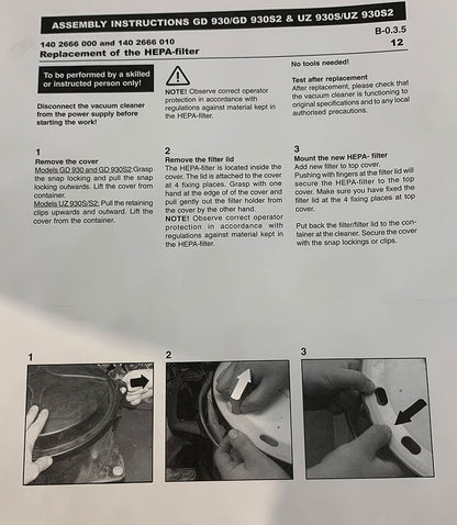 Electrolux UZ930, UZ930S2 Panther and Nilfisk GD930, GD930S2 HEPA Filter (1402666010) instructions