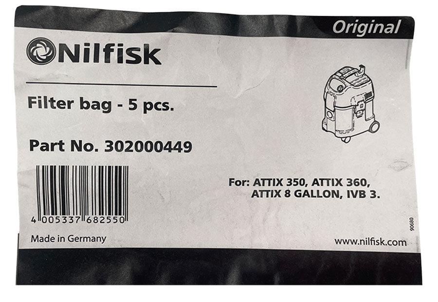 Nilfisk Alto Attix 350, 360, 8 Gallon & Alto Centix 60 Vacuum Bags - 5pk (302000449)