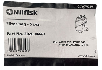 Nilfisk Alto Attix 350, 360, 8 Gallon & Alto Centix 60 Vacuum Bags - 5pk (302000449)