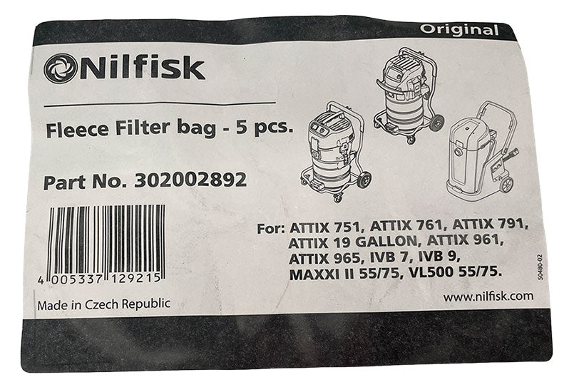 Nilfisk VL500-75, Alto Attix IVB5, IVB7, IVB9, VL500-75 Vacuum Bags - 5pk (302002892)