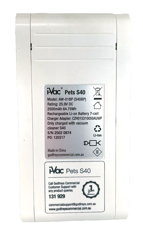 i-Vac Pets S40 Stick Vacuum Cleaner Replacement Battery (33202102)
