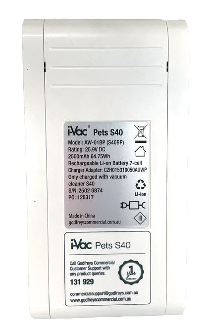 i-Vac Pets S40 Stick Vacuum Cleaner Replacement Battery (33202102)