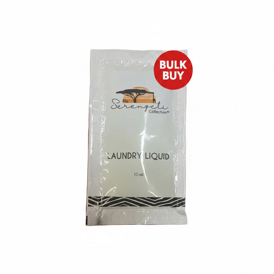 A 10 ml single-use sample sachet of Serengeti Collection Laundry Liquid, sealed in a plastic pouch 