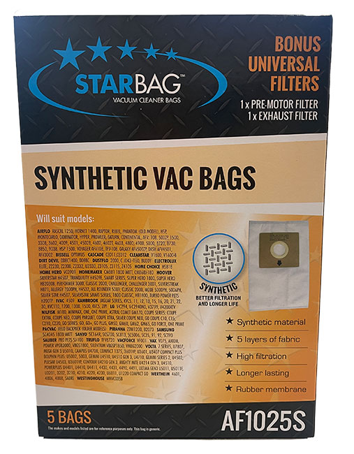 Wertheim, Volta, Hoover, Sauber, Airflo, Kambrook Synthetic Vacuum Cleaner Bags - 5pk (AF1025S)