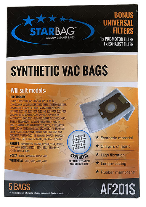 AEG, Electrolux, Philips, Wertheim & Volta Synthetic Vacuum Cleaner Bags - 5pk (AF201S)