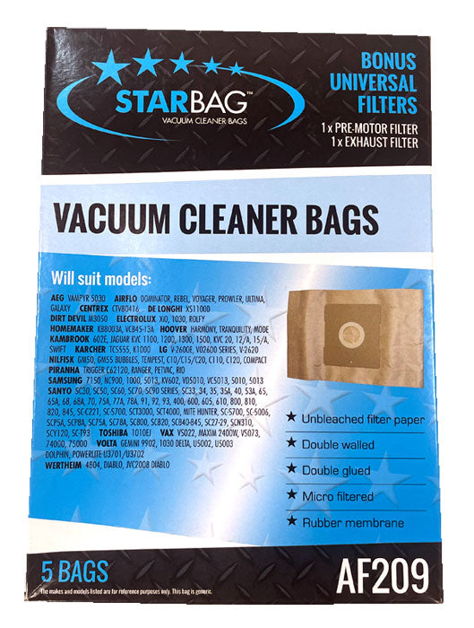 AEG, Airflo, Electrolux, Hoover, Kambrook, Nilfisk, Sanyo, Samsung, Vax & Volta Vacuum Bags - 5pk (AF209)