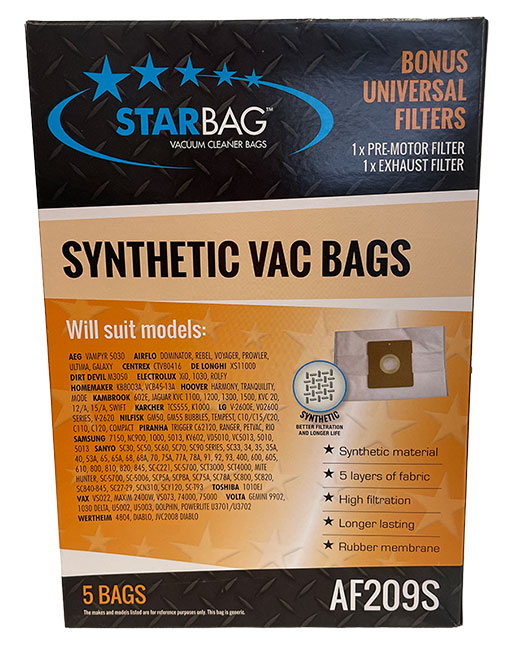 AEG, Airflo, Electrolux, Hoover, Kambrook, Nilfisk, Sanyo, Samsung, Vax & Volta Synthetic Vacuum Cleaner Bags - 5pk (AF209S) 