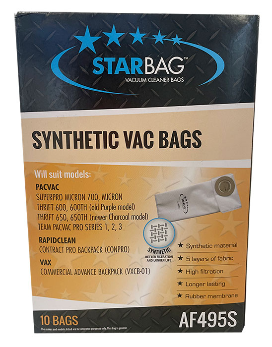 Pacvac Superpro Micron 700, Thrift 600, 650, Team Pacvac Pro Series 1, 2, 3 Synthetic Vacuum Cleaner Bags - 10pk (AF495S)