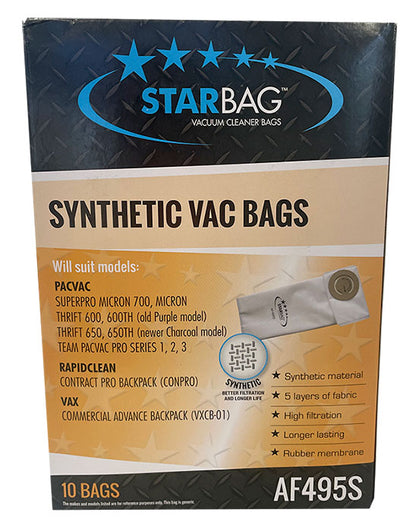 Pacvac Superpro Micron 700, Thrift 600, 650, Team Pacvac Pro Series 1, 2, 3 Synthetic Vacuum Cleaner Bags - 10pk (AF495S)