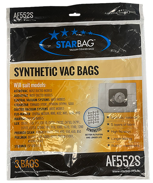 Astrovac, Aussievac, Cleanstar, Lux, Pullman Ducted Synthetic Vacuum Bags - 3pk (AF552S)