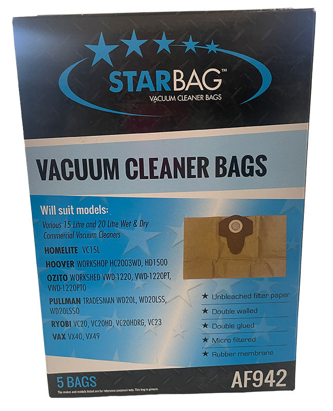 Starbag 15L and 20L Wet and Dry Commercial Vacuum Cleaner Bags - 5pk (AF942)