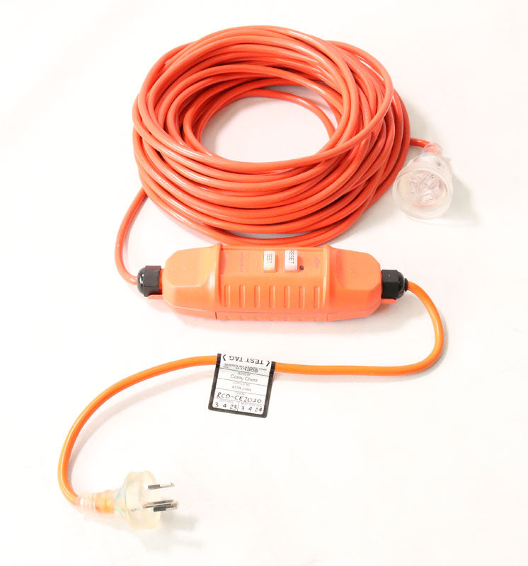 20 Metre Standard Extension Lead with In-Line RCD Safety Switch and Test Tag - Orange (RCD-CE2010-TAG)